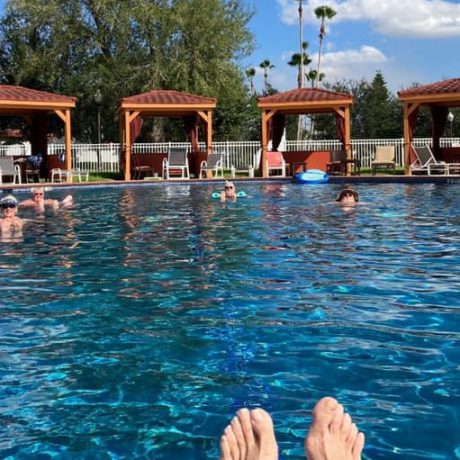 pool with covered seating