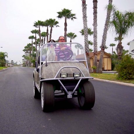 Man and dog riding in golf cart down a road